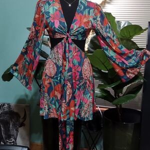 Floral Tie-Front Dress with Bell Sleeves